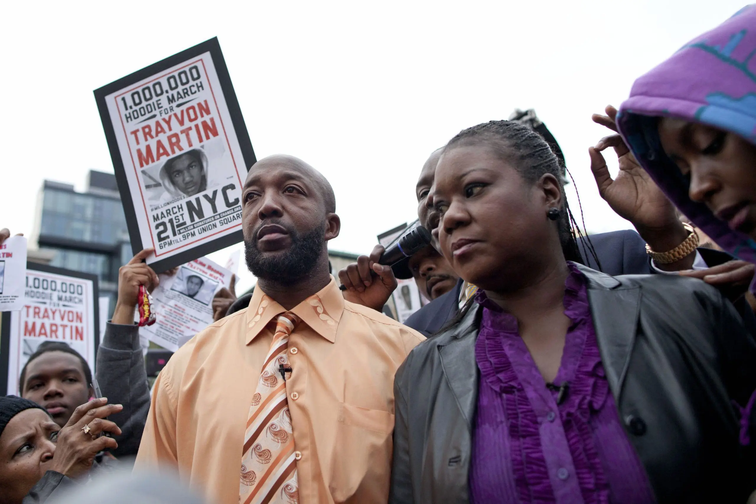 Parents of slain Florida teen Trayvon Martin join a protest to demand justice for their son’s death in New York’s Union Square