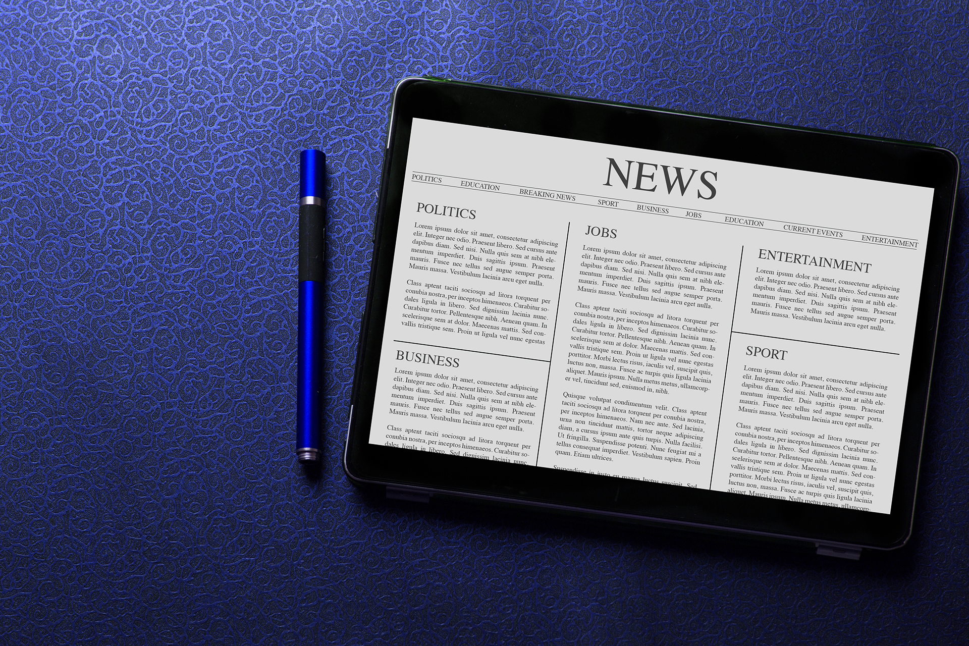 News article concept on tablet screen with blue pen on blue pattern textured background